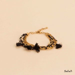 دستبند برنجیدستبند مهره ایی سنگی توپی زنجیری منگوله دار نخی رنگی چند ردیفه هندی دست ساز برنجی