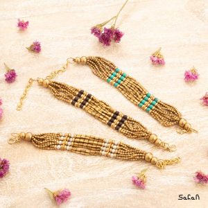 زیورالات دستبند دست ساز هندی مهره ایی طلایی برنجی منجوق