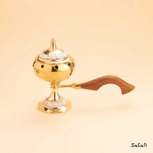 اسپند دود کن برنجی و صدفی طلایی هندی دسته چوبی