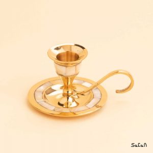 ظرف برنجی و صدفی هندی شمعدان طلایی