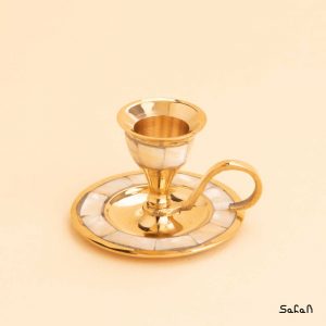 ظرف برنجی و صدفی هندی شمعدان طلایی