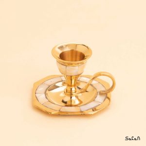 ظرف برنجی و صدفی هندی شمعدان طلایی