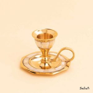 ظرف برنجی و صدفی هندی شمعدان طلایی