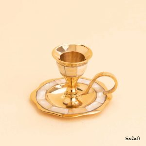 ظرف برنجی و صدفی هندی شمعدان طلایی