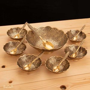 ست اجیل خوری برنجی هندی انتیک سیاه قلم طاووس