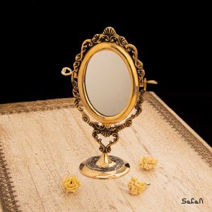 ایینه برنجی هندی طلایی پایه دار