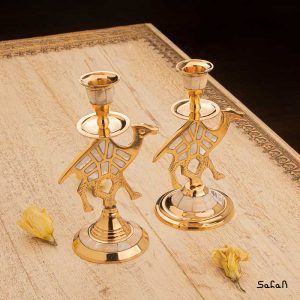 شمعدان صدفی برنجی هندی طلایی پایه دار
