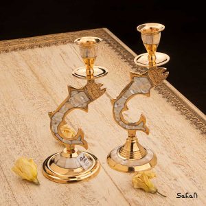 شمعدان صدفی برنجی هندی طلایی پایه دار