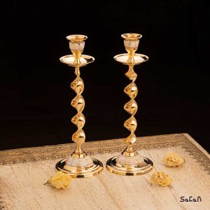 شمعدان صدفی برنجی هندی طلایی پایه دار
