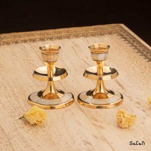 شمعدان صدفی ایینه برنجی هندی طلایی پایه دار