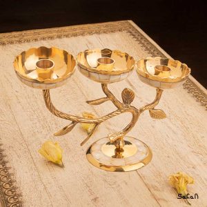 شمعدان برنجی هندی طلایی پایه دار صدفی