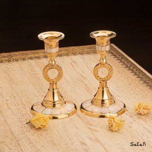 شمعدان برنجی هندی طلایی پایه دار صدفی