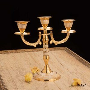 شمعدان برنجی هندی طلایی پایه دار سه شاخه صدفی