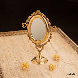 ایینه برنجی هندی طلایی پایه دار