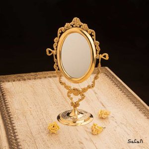 ایینه برنجی هندی طلایی پایه دار