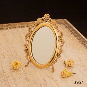 ایینه برنجی هندی طلایی پایه دار