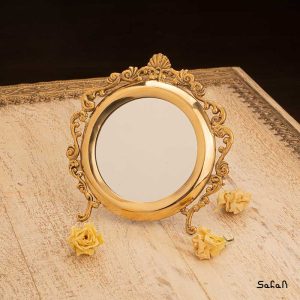 ایینه برنجی هندی طلایی پایه دار