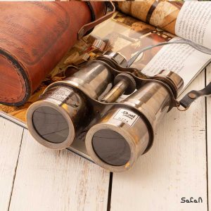 دوربین تلسکوپی دو چشم برنجی هندی طلایی چرمی جعبه دار کیف دار
