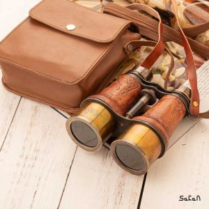 دوربین تلسکوپی دو چشم برنجی هندی طلایی چرمی جعبه دار کیف دار