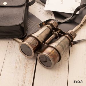 دوربین تلسکوپی دو چشم برنجی هندی طلایی چرمی جعبه دار کیف دار